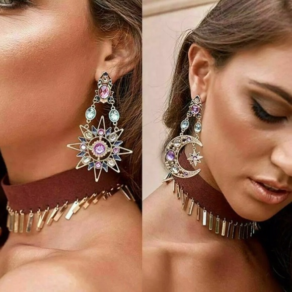 Elegant Crystal Sun Moon Earrings - Picture 1 of 6